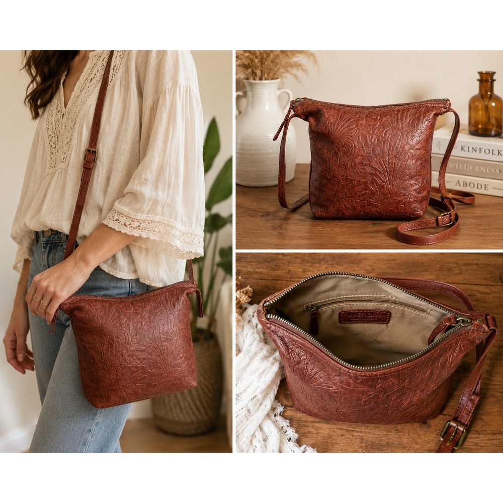 American Leather Co Brown Embossed Floral Leather Crossbody Bag Boho Tooled